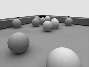 A billiard game session illustrating our algorithm for constraints management (11 balls and 77 inequality constraints).