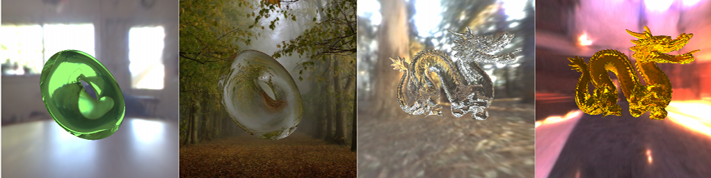 A transparent dragon and a torus digitally composed onto background images, preserving the illumination effects of refraction, reflection and colored filtering ,