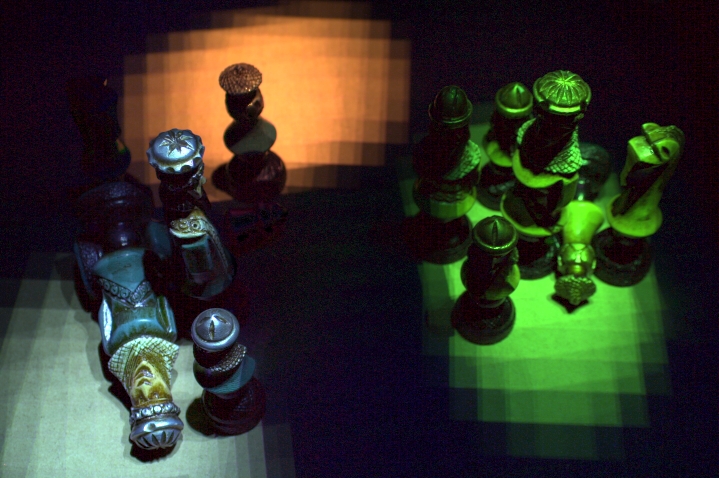 An arrangement of chess pieces, illuminated by different types of incident light fields . Images cited from the website http://www.cs.kuleuven.be/~graphics/CGRG.PUBLICATIONS/RW4DILF/ by Vincent Masselus, Pieter Peers, Philip Dutré, and Yves D. Willems, visited December 3rd, 2008 with permission from the authors.
