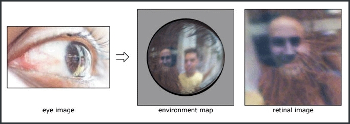 Using the mathematical framework of the imaging system of the eye, one can estimate the illumination information . Image cited from the website http://www1.cs.columbia.edu/CAVE/projects/world_eye/ by K. Nishino and S.K. Nayar, visited May 5th, 2009 with permission from Mr. Nayar.