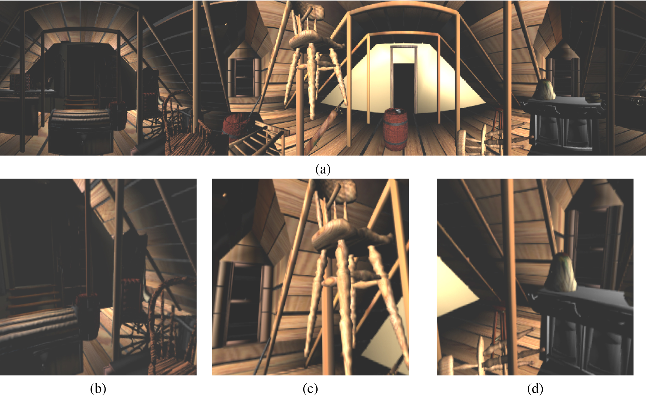 Attic relighting using conventional light sources(top) and 5 spot lights(bottom) . Original image source: Tien-Tsin Wong, Pheng-Ann Heng, and Chi-Wing Fu, Interactive relighting of panoramas, IEEE Comput. Graph. Appl. 21(2001), no. 2, 32-41. ©2001 IEEE