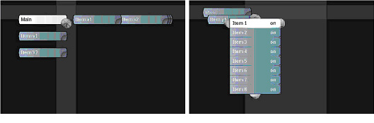 Screenshots of the UI Design used in this study, showing the main menu (left) and an example of the list widget (right).