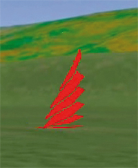 Several superposed images of a support polygon of a leaf (marked in red) in their initial adaptation to the path (left) and the final correction to make it parallel to the ground (right).