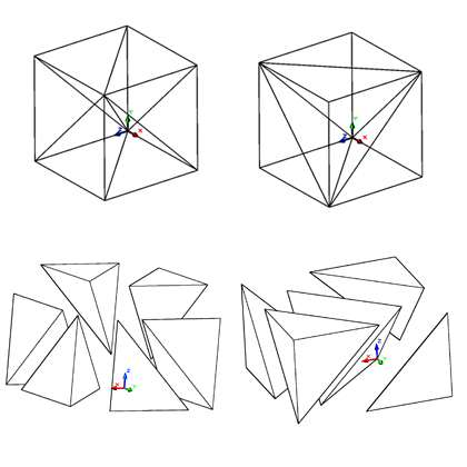 Two possible tessellations for a cube. The bottom images show the exploded tesselations.