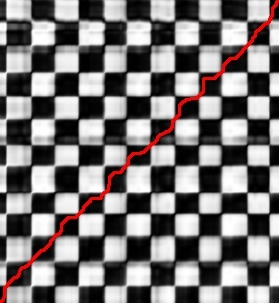 DTW cost matrices calculated on the whole body COM acceleration (left) as well as on the basis of the COM acceleration and the angular momenta of the hands and feet (right). The cost-minimizing warping paths are drawn red.