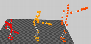 Left: Screenshot from the original motions that are from the styles grabbing low (left) and grabbing high (right), the synthetic motion (middle) is produced by a linear combination of these styles. Right: Screenshot from four original walking motions and one synthetic motion, that is an result of combining two, the personal and the style mode. The original motions of the first actor are on the left side, the original motions of the second actor are on the right side and the synthetic example can be seen in the middle.