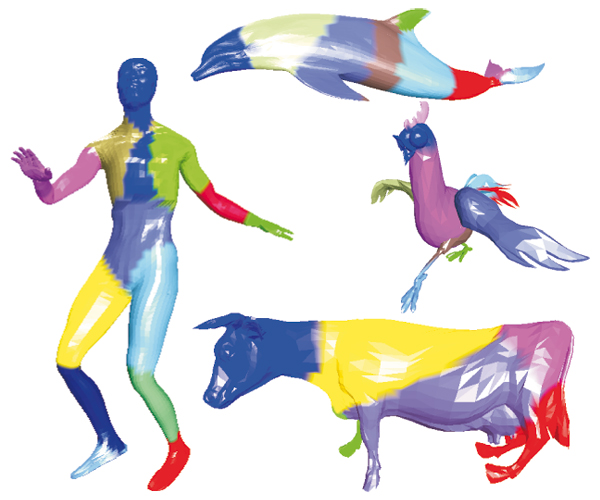 Figure 3: Results of the clustering process: dance with 14, dolphin with 9, chicken with 10 and cow with 6 clusters. Each cluster is colored differently and encoded separately