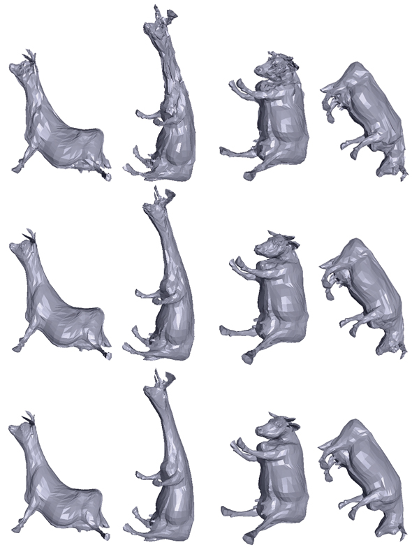 Reconstruction sample frames of cow animation using different quantization levels. From top to bottom: 6, 8, 12 bits.