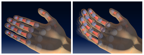 Example of a sphere sensors / gripping device configuration. The sensors are distributed over an articulated hand model and attached to a hierarchy of bones which controls the hand deformation.