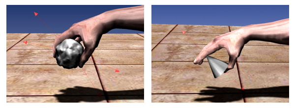Examples for grasping an object with rough surface (left) and a sharp-edged object (right). The small arrows indicate the contact normals of the grasp pairs.
