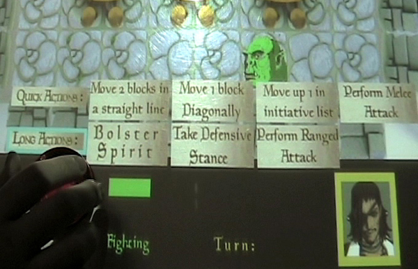 A player selects from the actions menu for the rogue character during an attack on an Orc