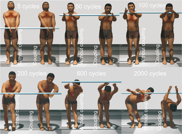Postures on the left without coupling and on the right with coupling after an increasing number of cycles (from left to right and top to bottom). The blue bar indicates the goal of the wrist.