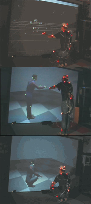 Interactive real-time IK with a coupled spine. Top) Marker Configuration. Middle) The user performs a reaching task. The green dots on the virtual mannequin indicate the target position of the joints. Down) Result from motion capture. The sensors (red dots) attached on the user represent the tasks for the virtual mannequin.