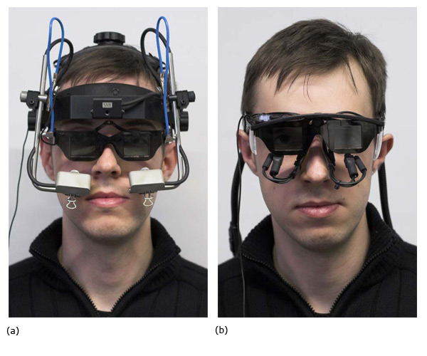 (a) (b) The head-mounted eye trackers used in the study: (a) SMI EyeLink I and (b) Arrington Research ViewPoint PC-60 BS007. The shutter-glasses have been attached to the head-mount and the cameras are recording the eyes from below.