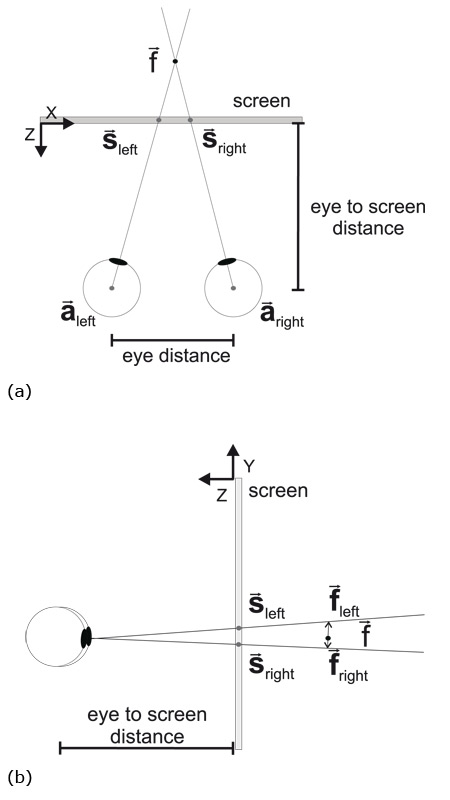 Calculating the depth of a fixation using linear algebra. Although the visual axes of the eyes may intersect in the focal point when projected to a plane (a, top view), in three dimensions they may still not intersect (b, side view).