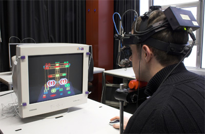 The set-up of the experiment used shutter-glasses and a cathode-ray display. The head of the user was stabilized using a chin rest.