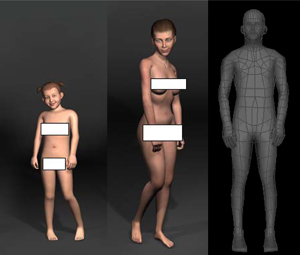 Left: A censored image of the animated 3D virtual character used as a sexual stimulus depicting a 6-yr old female. Middle: The adult female character. Right: The neutral textureless virtual character.
