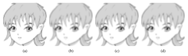 A Manga image (http://commons.wikimedia.org/wiki/Image:Manga.png) blurred with (a) the 2 x 2 box analysis filter, (b) the 4 x 4 box analysis filter, (c) the biquadratic analysis filter, and (d) the quasi-convolution analysis filter.