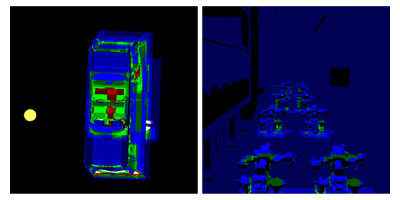 These images illustrate the amount of Kd-tree traversals for the first shadow ray traversal for the chevy scene and the BART robots scene. Blue colors indicate up to three, green colors up to six, red colors up to nine and white color more than nine Kd-tree traversals per ray.