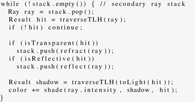 Listing 1: Secondary rays are processed using a ray stack instead of branching into different cases for shadow, reflection and refraction rays. The ray stack limits code execution divergence.