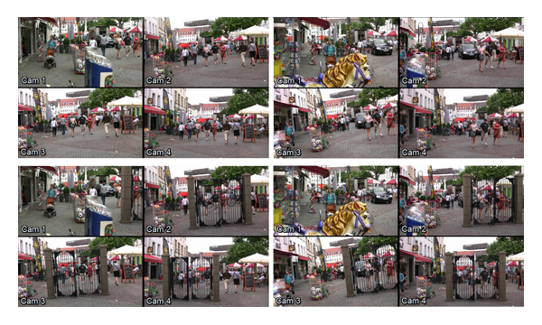 In example 2, four moving cameras simultaneously capture a street scene. Top row: Two sample images out of the sequence for each of the four cameras. Bottom row: The scene is augmented with a 3D model of a gate.