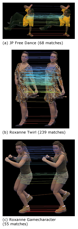 Examples of optimised feature matching results on single view video sequences in 2D.