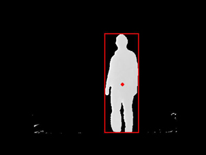 Tracking of dynamic content. The moving person is detected and marked with a rectangle, the center-of-mass is marked with a dot.