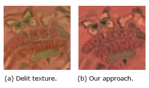 Texture detail albedo comparison. (a) Albedo map contaminated with shading from creases. (b) Most creases removed.