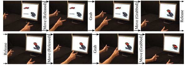Image sequence of our system. Based on our bimanual symmetric interaction technique a virtual object (red car) can be grabbed (move hands together), manipulated (as if gripped between hands) and released (move hands apart).