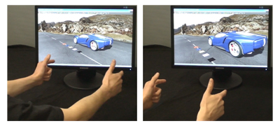 Two screenshots of using the Bimanual Symmetric Grab in RTT DeltaGen. By moving the hands from the front (left image) to the back (right image) the car and surrounding is moved accordingly. (Car model courtesy of RTT AG)