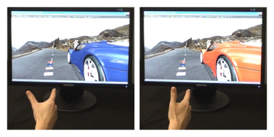 Two screenshots of using the 2D mouse cursor in RTT DeltaGen. By clicking (using the Roll Click technique) on the red squares plane (used as buttons) the color of the car is switched from blue (left image) to red (right image). (Car model courtesy of RTT AG)