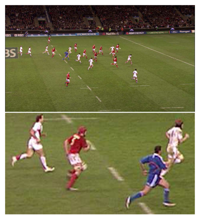 Image of a sport scene from a broadcast camera (top) and detail (bottom).