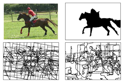 Example results for hidden object sheet. We used two different image partitioning strategy (many others can be used): partitioning the image by random parralel lines and random ellipses (third image) and respectively combining a few existent coloring pages as we have closed regions for them (fourth image). In both cases the dots were added to the regions that had a minimum of 70% overlap with the estimated "horse + person" mask (second image).