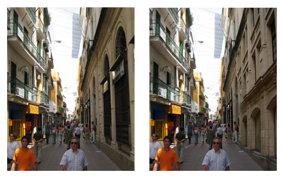 The facade of the right building was automatically replaced by finding similar image regions in a huge database .