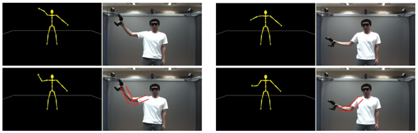Image-based pose estimation improves poses estimated by the IK solver. Top left: The pose of the right arm is estimated only by the IK solver. Bottom left: The same pose after improved by the image-based optimization. Right column: An other example.