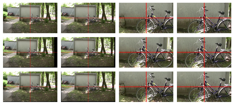 Example 1 - Original image sequence (top), result of stabilization by fixation (middle), result of smoothing with an affine model (bottom). The images on the right are magnifications. With the stabilization by fixation approach the center of the image is kept perfectly stable. The red marker lines were added to facilitate visual verification.