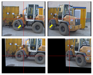 Example 5 - Original image sequence (top), result of stabilization by fixation with user interaction (bottom). The arrow indicates the selected target point.