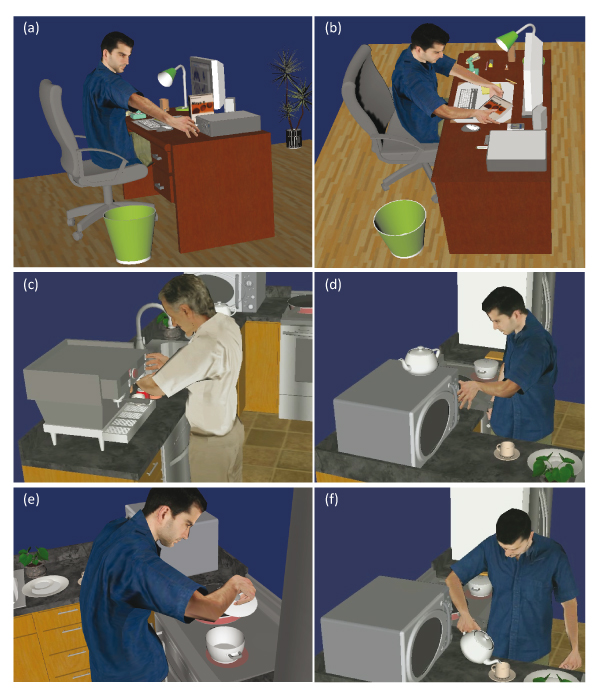 Different scenarios developed with XSAMPL3D. (a) Plugging in a USB memory stick. (b) Moving a book bimanually. (c) Preparing a cup of espresso. (d) Turning on a microwave. (e) Lifting a pot's lid. (f) Pouring a cup of tea.