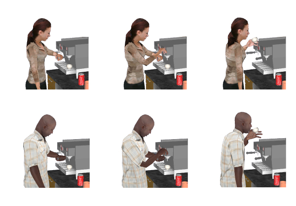 Sequence of frames from animations synthesized for two different virtual humans. The animations are synthesized from the same action description. The behavior-based animation framework ensures that the animations are retargeted to the current virtual human.