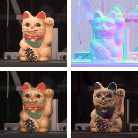 Diffuse / specular separation of the cat. Top, left to right: original full-on illumination photograph, recovered normals. Bottom, left to right: recovered diffuse component, recovered specular component.