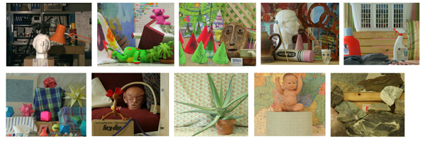 Test images used in experiments (only left image of each pair is shown). In reading order: Tsukuba, teddy, cones, art, laundry, moebius, reindeer, aloe, baby1, and rocks.