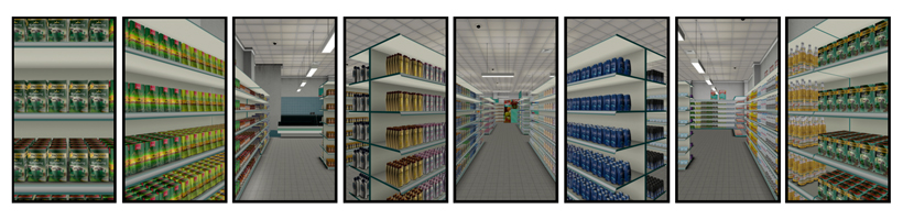 Eight views of the VR supermarket (4M triangles), corresponding to an "unfolded octagon". This model was used for the optimizations described in Sections 5.2 and 5.3 .