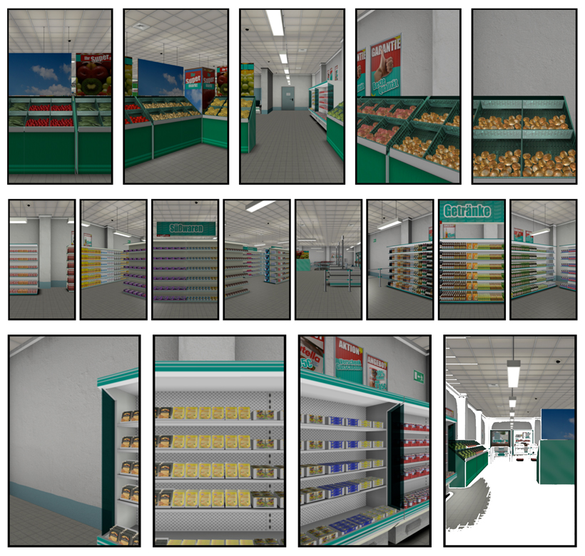 Some example views of the high-detail supermarket, consisting of about 94k object instances and 4M triangles. Each row shows several views for different viewing positions in the scene.