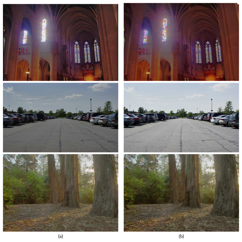 Results obtained by tonemapping with (a) the TSTM algorithm and (b) the multi-modal TSTM algorithm of the images: 'Nave' (first row) courtesy of Paul Debevec , 'Cars'(second row) and 'GroveC' (third row), courtesy of Paul Debevec .